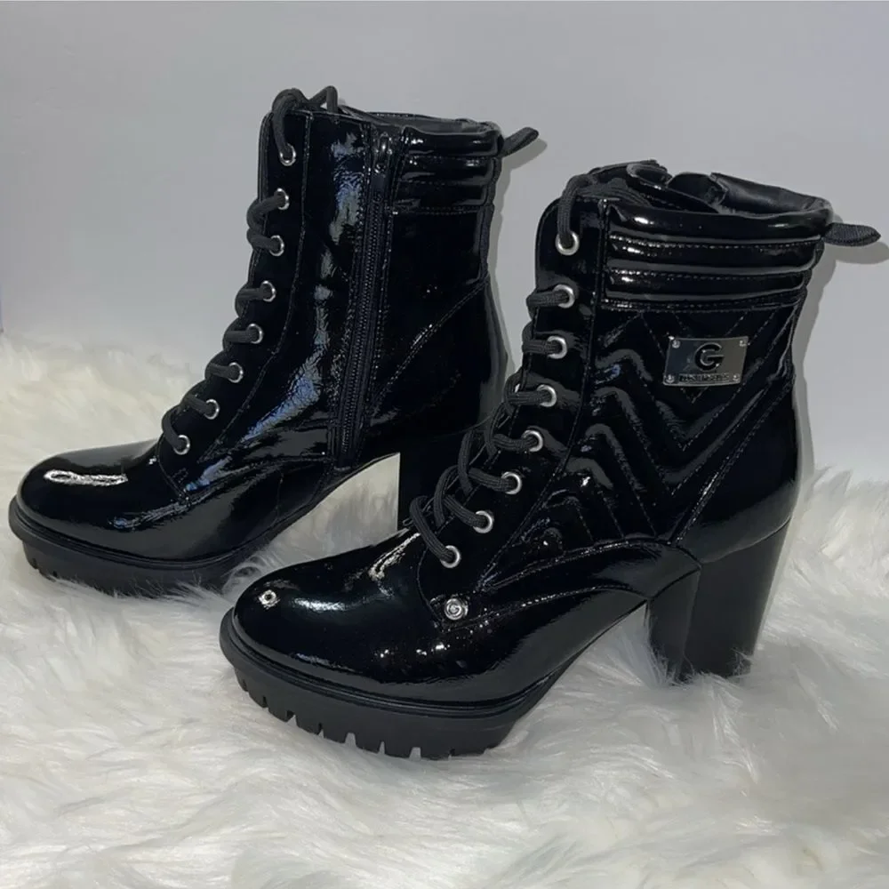 Guess women’s Lace Up Combat Patent Platforms Boots Quilted Chunky Block Heeled
